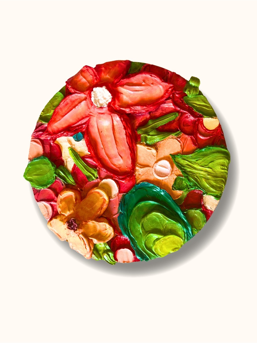 Vibrant Floral Round Wall Painting - Red, Green, Peach